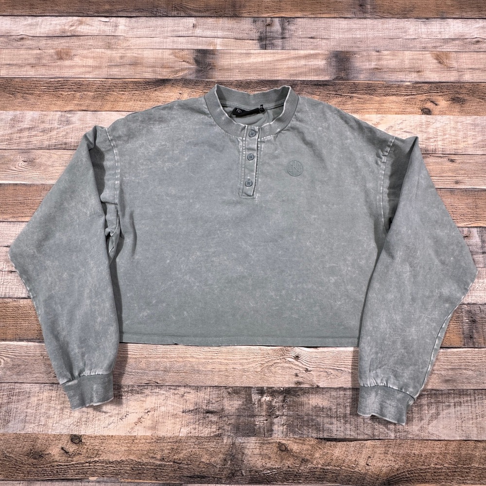 Ninth Hall Fundamentals‎ Womens Large Henley Crop Top Sage Green Mineral Wash L